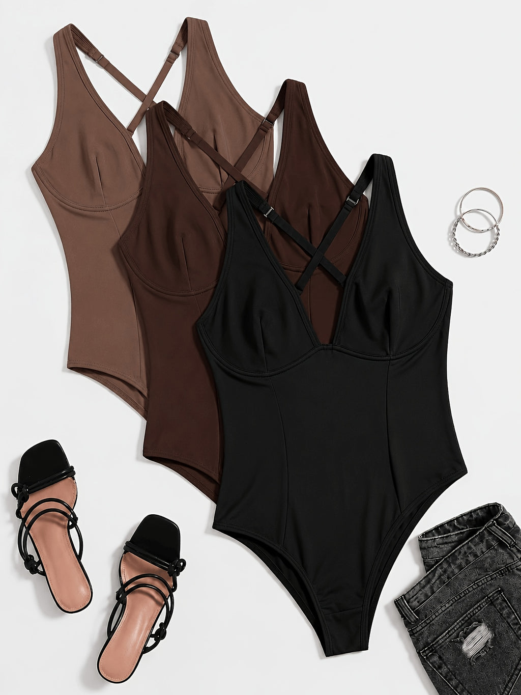 3pcs Women'S Sexy Bodysuit, Backless Criss-Cross Spaghetti Strap, Sexy And Comfortable with a Large Open Back, Soft, Breathable, And Versatile for Everyday Wear, Suitable for Layering Or Wearing Alone - Black+Cocoa Brown+Red Brown