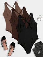 3pcs Women'S Sexy Bodysuit, Backless Criss-Cross Spaghetti Strap, Sexy And Comfortable with a Large Open Back, Soft, Breathable, And Versatile for Everyday Wear, Suitable for Layering Or Wearing Alone - Black+Cocoa Brown+Red Brown