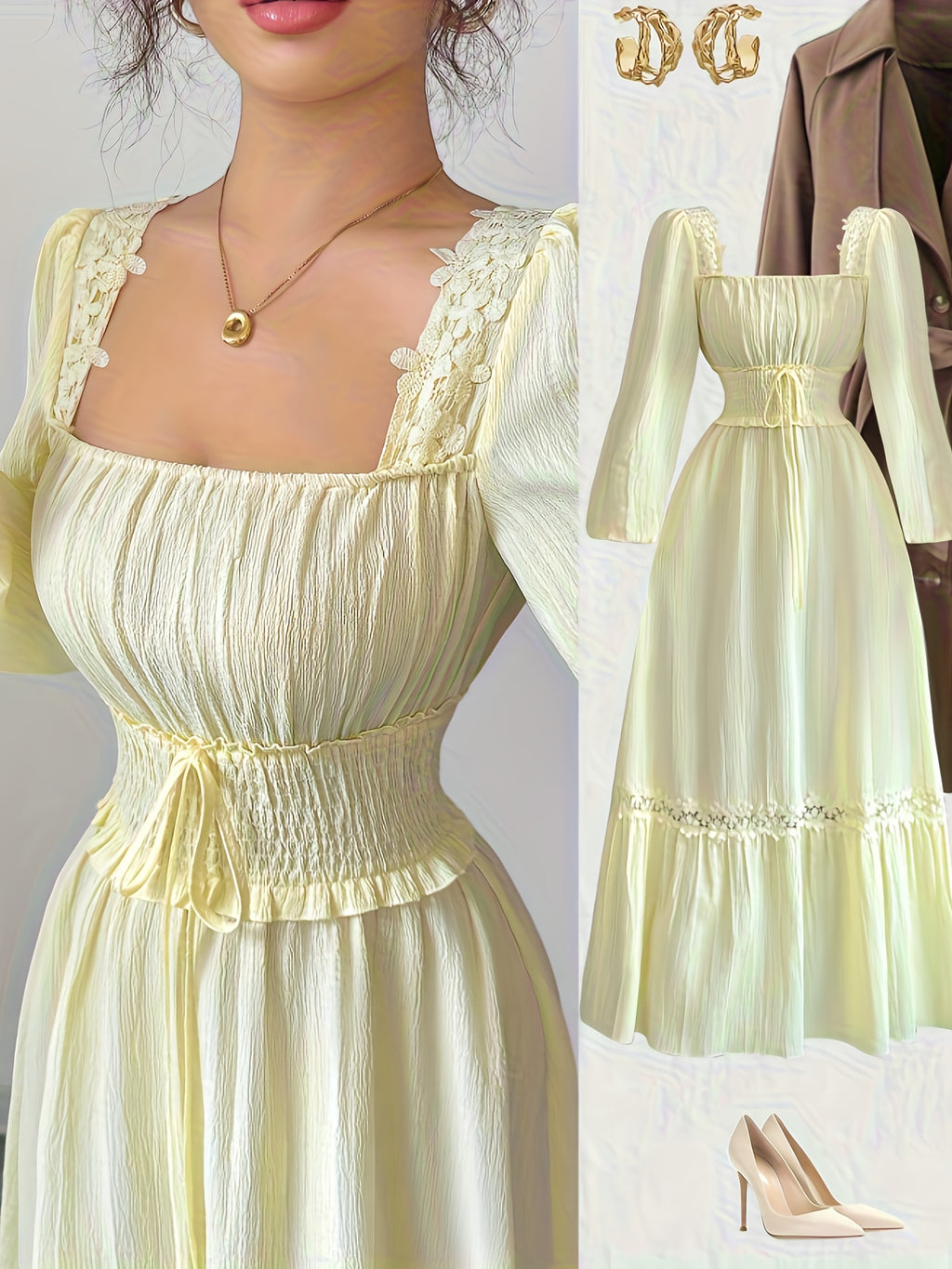 New Spring/autumn Cream Yellow French Ruffle Square Neckline Elegant Slim-fit Long-sleeved Dress, Women's Autumn - 【Light Yellow】