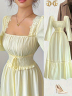 New Spring/autumn Cream Yellow French Ruffle Square Neckline Elegant Slim-fit Long-sleeved Dress, Women's Autumn - 【Light Yellow】