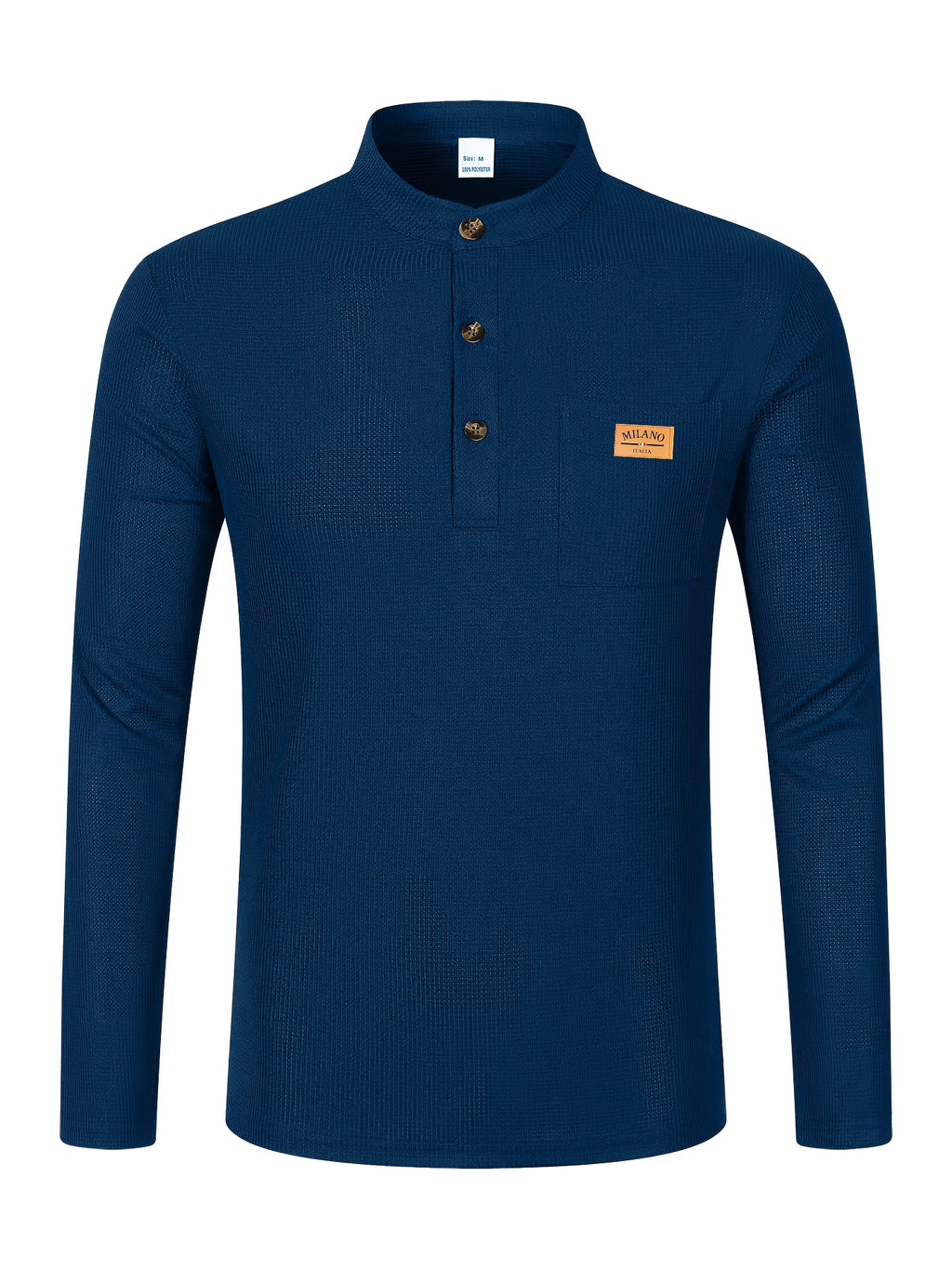 Maqiqi OBM Men's Fashion Waffle Knit Long Sleeve Henley Shirt, Stand Collar Button-Up Top with Chest Pocket and Positioned Printed LOGO, Casual Regular Fit Solid Color Spring/Autumn Daily Top - Navy Color