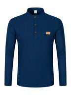 Maqiqi OBM Men's Fashion Waffle Knit Long Sleeve Henley Shirt, Stand Collar Button-Up Top with Chest Pocket and Positioned Printed LOGO, Casual Regular Fit Solid Color Spring/Autumn Daily Top - Navy Color