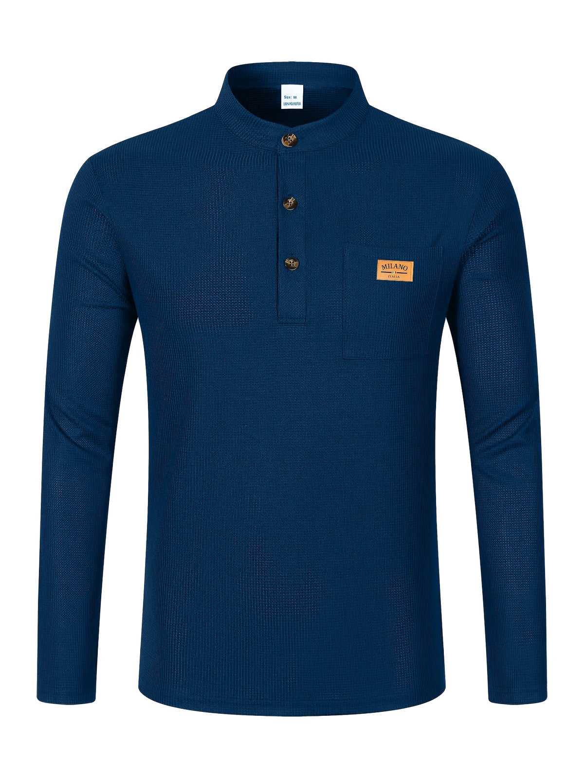 Maqiqi OBM Men's Fashion Waffle Knit Long Sleeve Henley Shirt, Stand Collar Button-Up Top with Chest Pocket and Positioned Printed LOGO, Casual Regular Fit Solid Color Spring/Autumn Daily Top - Navy Color