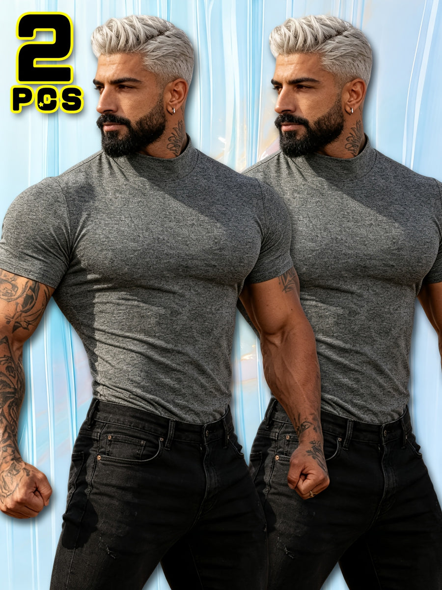 Summer Breathable Solid Color Half-Neck Short Sleeve 2pcs Set Men'S Shaping Slimming High-Elastic Fabric Light Luxury Fashion Fitness Sports Daily Wear Easy Premium Feel Versatile Base Top - Grey