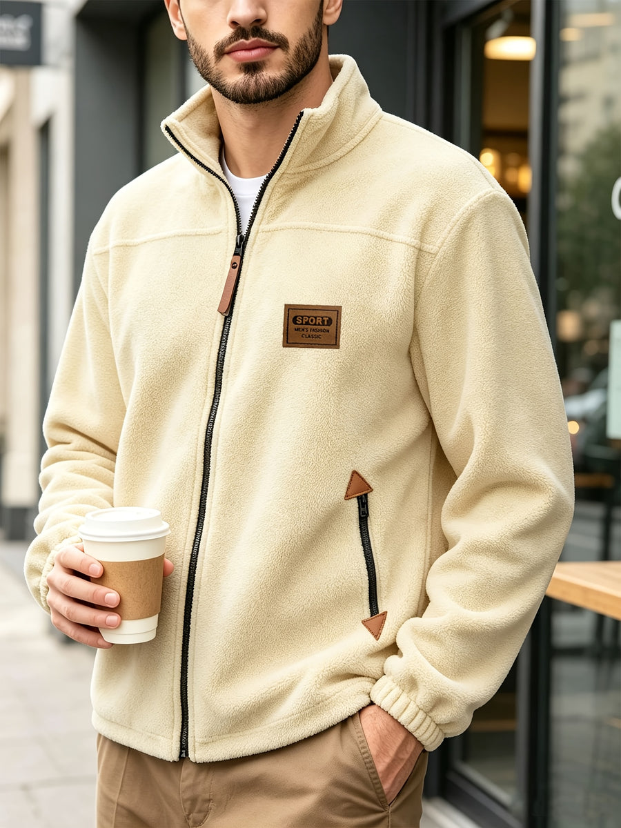 Men's Knitted Zip-Up Cardigan, Autumn/Winter Men's Jacket, Small Stand-Up Collar Design, Can Be Worn Alone or as a Layering Piece, Two-in-One Design with Pockets, Simple and Versatile, Men's Warm Sweater Cardigan - Apricot