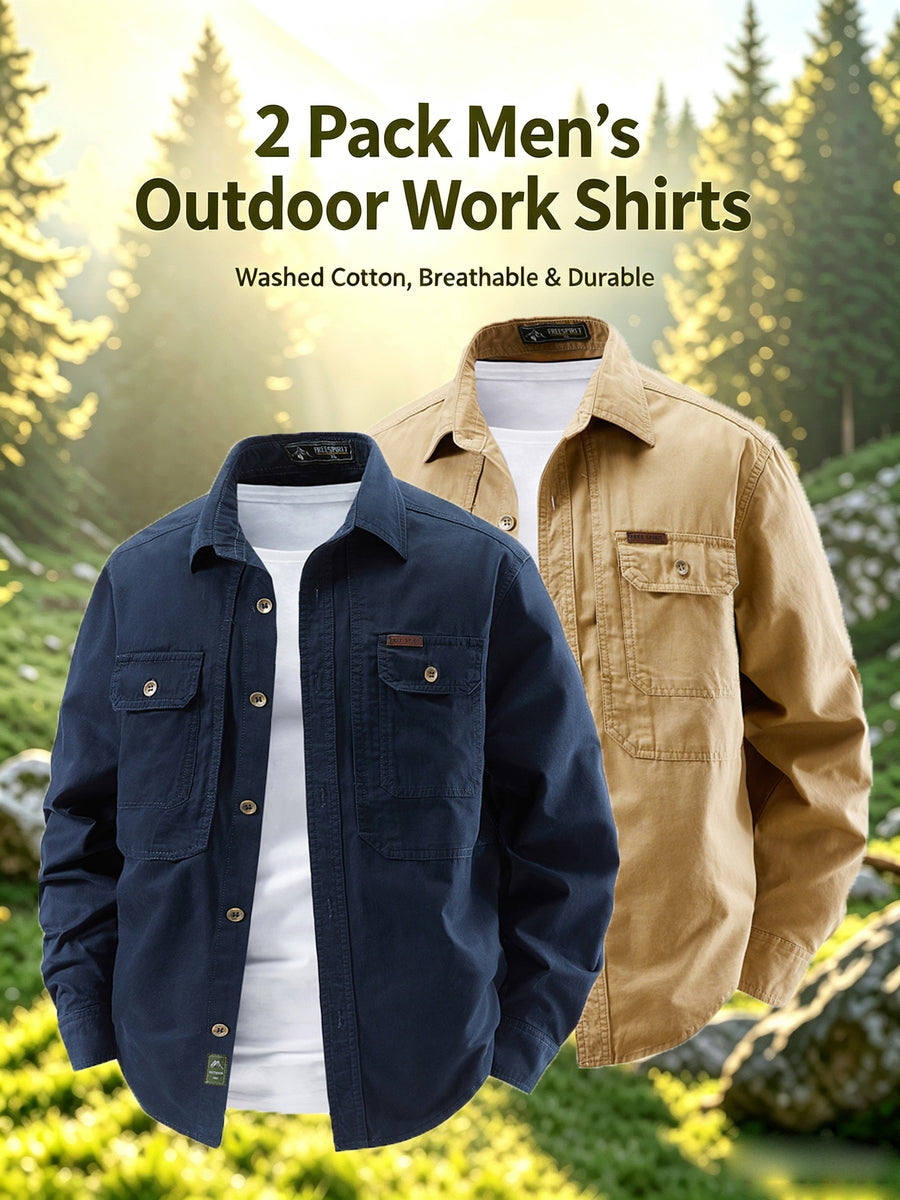 2pcs Men'S 100% Utility Long Sleeve Shirts, Spring/Autumn Vintage Washed Loose Fit, Stiff Non-Deformable Collar, Large Capacity Chest Pockets for Phone, Brass Metal Buttons, Straight Windproof Cuffs - Blue+Khaki