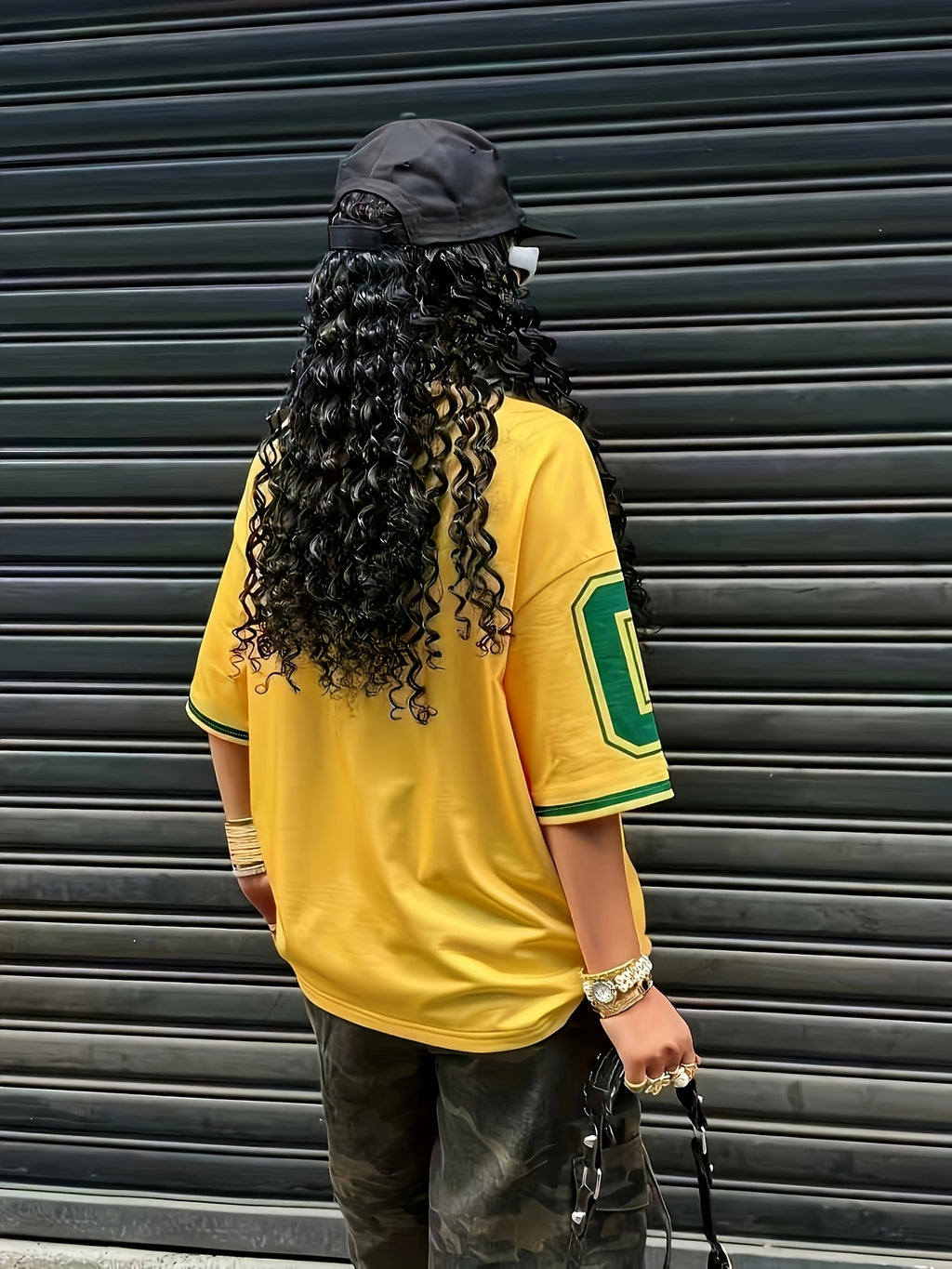 Women's Street Style Academic Drop-Shoulder T-Shirt, Printed with "33.02cm Number and "Los Angeles" Lettering, Stretchy, Drop-Shoulder Sleeves, The Best Gift for Family, Soft Polyester Fiber, Machine Washable, Travel and Casual Wear, Lightweight Top - Bright Yellow