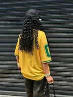 Women's Street Style Academic Drop-Shoulder T-Shirt, Printed with "33.02cm Number and "Los Angeles" Lettering, Stretchy, Drop-Shoulder Sleeves, The Best Gift for Family, Soft Polyester Fiber, Machine Washable, Travel and Casual Wear, Lightweight Top - Bright Yellow