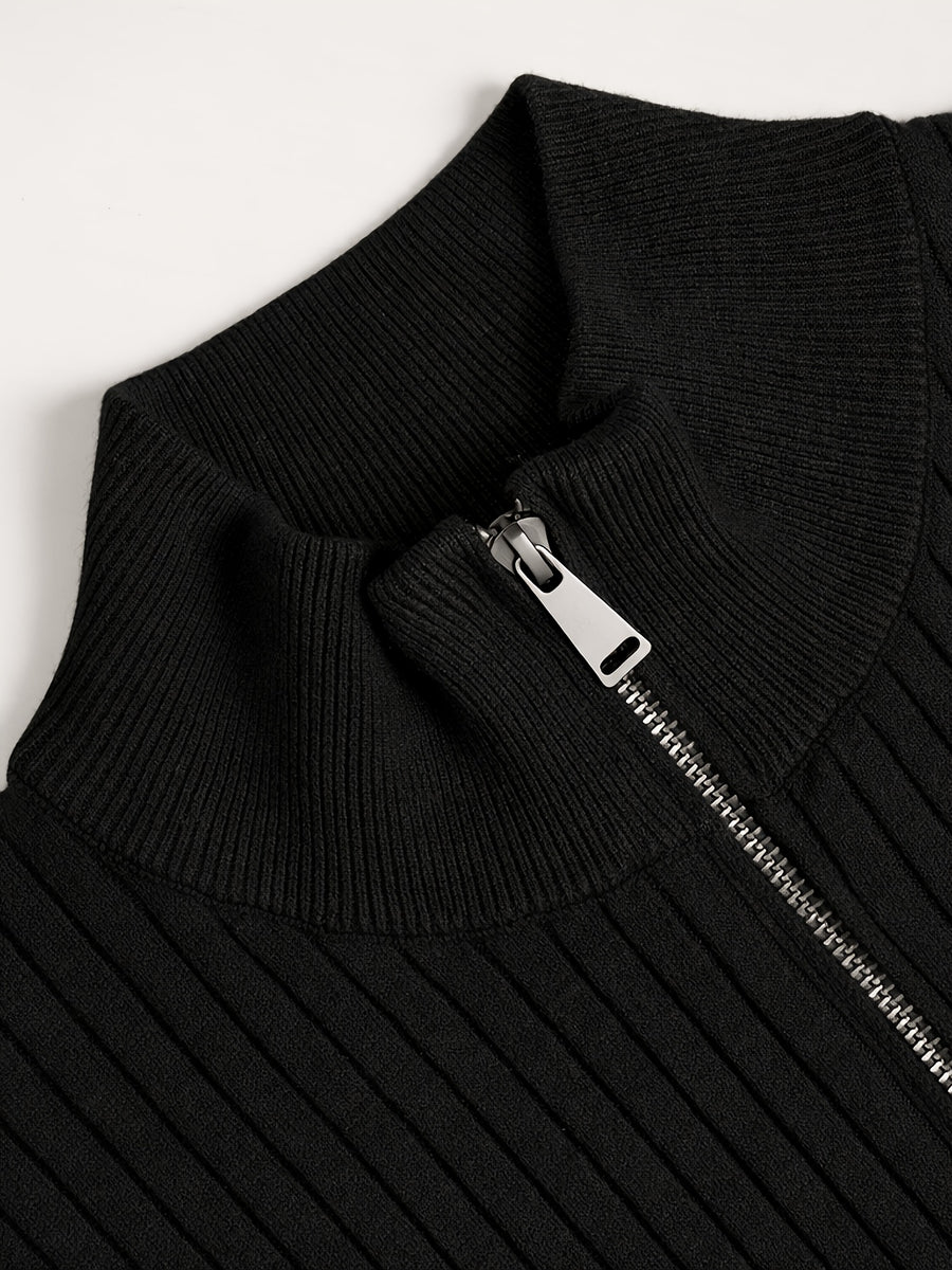 Autumn/Winter New Men's Stand Collar Zipper Design Fashionable Sweater, Knitted Versatile Stretchy Long-Sleeve Pullover with Small Rib Texture, for Home and Commuting, Vintage Men's Top - Black