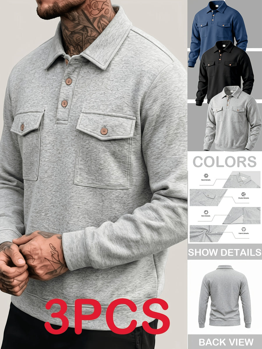 Autumn New Arrival 3pcs Set: Polo Collar Double Pocket Cargo Sweatshirt. Made of Thick Knitted Sweatshirt Fabric, Featuring a Half-zip Placket with Three Brown Vintage Buttons. Symmetrical Chest Cargo Pockets, Vintage Workwear Casual Style - Gray Blue Black