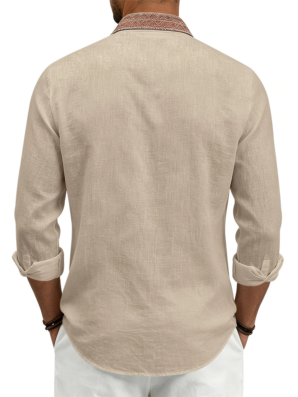 Men's Retro Button- Linen Shirt - Lightweight Breathable Suitable for Beach Vacation, Travel & Daily Wear, Loose Fit Roll Sleeve Collar & Placket Button Collar Shirt, Machine Washable for - Resort Wear (Solid Color) - Khaki