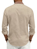 Men's Retro Button- Linen Shirt - Lightweight Breathable Suitable for Beach Vacation, Travel & Daily Wear, Loose Fit Roll Sleeve Collar & Placket Button Collar Shirt, Machine Washable for - Resort Wear (Solid Color) - Khaki