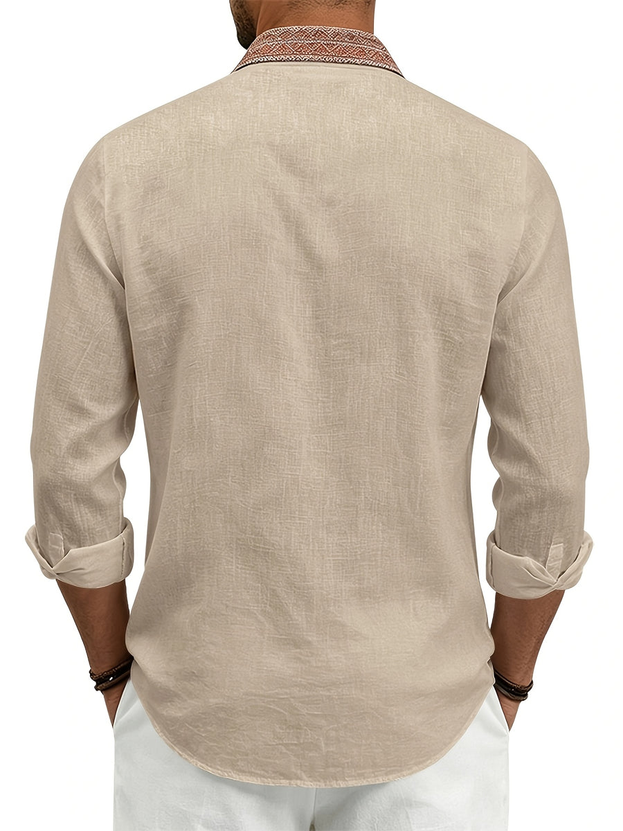 Men's Retro Button- Linen Shirt - Lightweight Breathable Suitable for Beach Vacation, Travel & Daily Wear, Loose Fit Roll Sleeve Collar & Placket Button Collar Shirt, Machine Washable for - Resort Wear (Solid Color) - Khaki