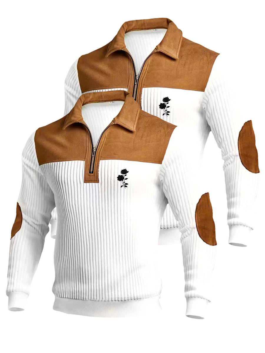 Christmas Men's Gift 2pcs Set: Men's Casual High-Turning-Head Ribbed Half-Zip Stand Collar Pullover - Color-Block Long Sleeve Pullover with Contrasting Color Design, Versatile for Daily Wear, Casual and Sporty Layering Style, Multiple Pieces - White