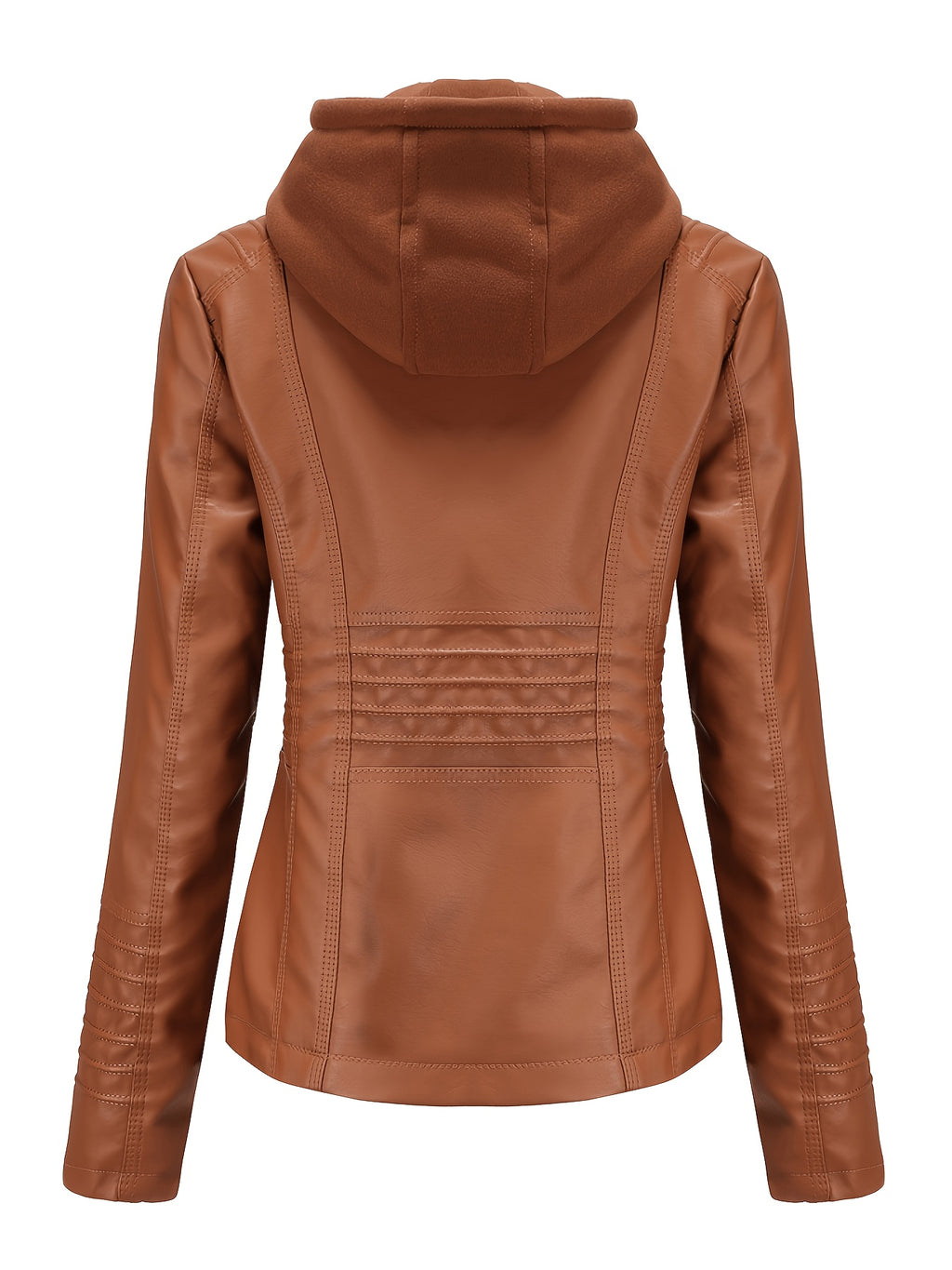 In-Stock Women's Hooded PU Jacket for Spring and Autumn Wear, 2-in-1 Hooded Look Coat with Pockets, Motorcycle Jacket with Hood Design - Camel