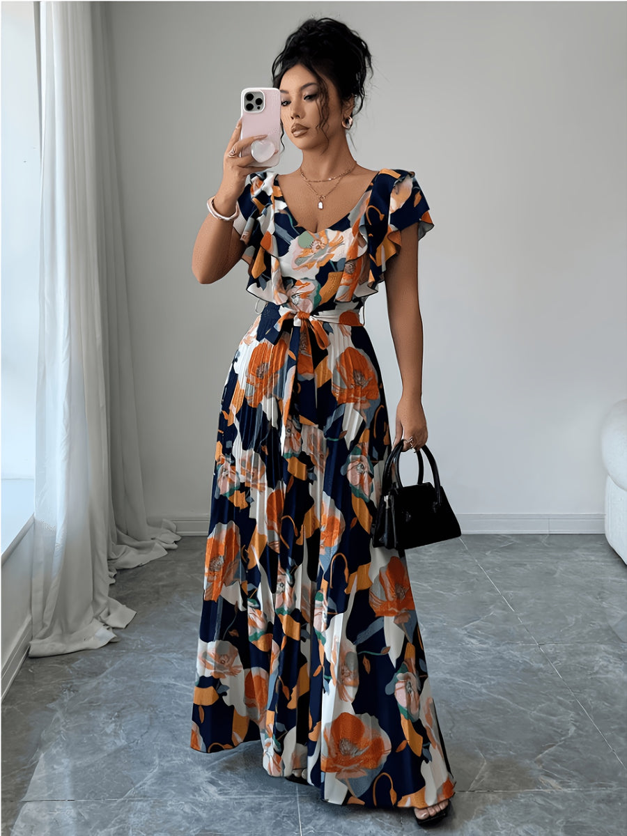 V-Neck Digital Floral Print Vacation Ruffled Waist A-Line Elegant Romantic Women'S Dress - Multicolor