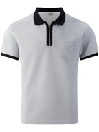 High-quality Men's Design Zippered Short-sleeved Polo Shirt, Contrasting Color Collar Design, Soft Fabric, Comfortable Experience, Versatile and Trendy Style, Suitable for Various Occasions Such as Traveling, Shopping, Casual Walking, Etc. - Grey
