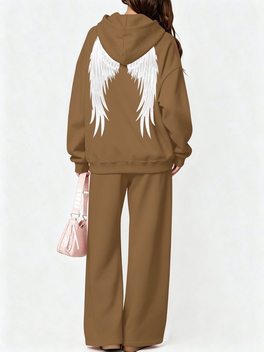 Halloween 2027NEW 2pcs Women's AutumnWinter Hooded Sweatshirt And Wide-Leg Pants Suit Kangaroo Pocket Long-Sleeve Jacket Wide-Leg Pants Suit Casual S Loose Suit Christmas Black Friday Cyber (27) - Brown