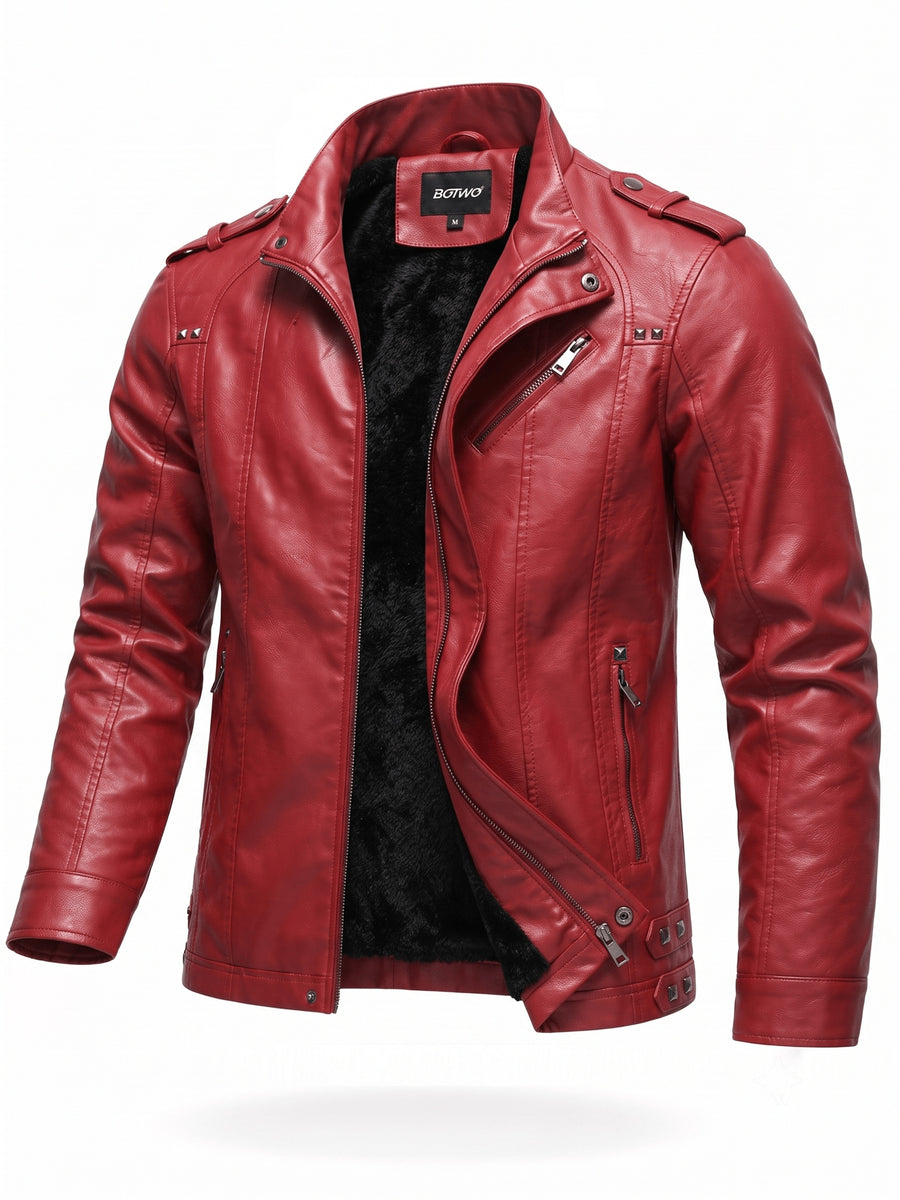 Men's PU PU Leather Biker Jacket with Warm Plush Lining, Stand Collar, Asymmetrical Zip Front, Multiple Zipper Pockets, Shoulder Tabs and Stud Accents for Fall/Winter Commuting, Travel, Streetwear, Dating and Daily Wear - Red