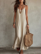 Women'S Spaghetti Strap Maxi Dress, V-Neck Loose Flowing Long Dress, Bohemian Casual Beach Vacation Summer Beach Dress - Off-white
