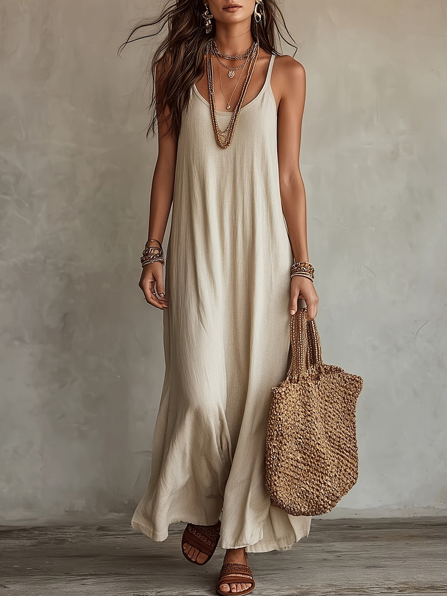Women'S Spaghetti Strap Maxi Dress, V-Neck Loose Flowing Long Dress, Bohemian Casual Beach Vacation Summer Beach Dress - Off-white