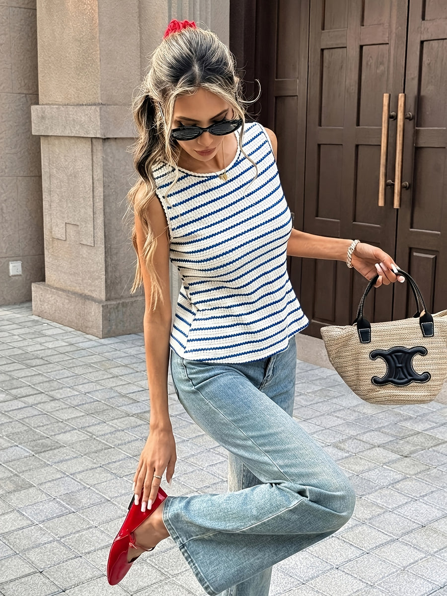 Summer Elegant Commute Vacation Date Back Contrast Bow Stripe Round Neck Sleeveless Vest Women'S Clothing - Navy Color