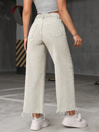 Classic Fashion Everyday Women's Non-Stretch Versatile Washed Denim Raw Hem High-Waist Wide-Leg Pants - Granny Gray
