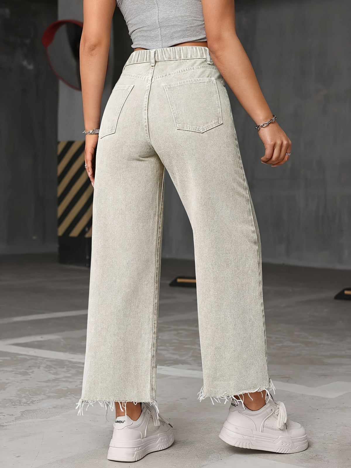 Classic Fashion Everyday Women's Non-Stretch Versatile Washed Denim Raw Hem High-Waist Wide-Leg Pants - Granny Gray