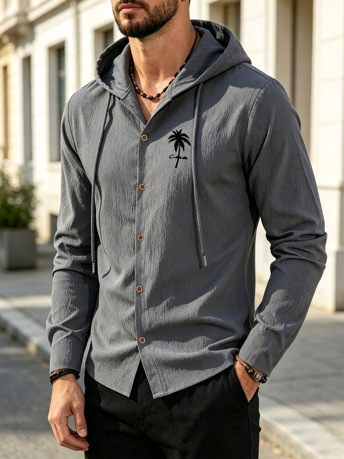 Men's Coconut Tree Print Hooded Long-Sleeve Shirt, Slightly Wrinkled Textured Casual Button-Up Cardigan, Summer Lightweight Breathable Vacation Top, Hawaiian Beach Jacket, Shirt Style + Hood with Drawstring, Suitable for Beach Trips, City Strolls - Dark Gray
