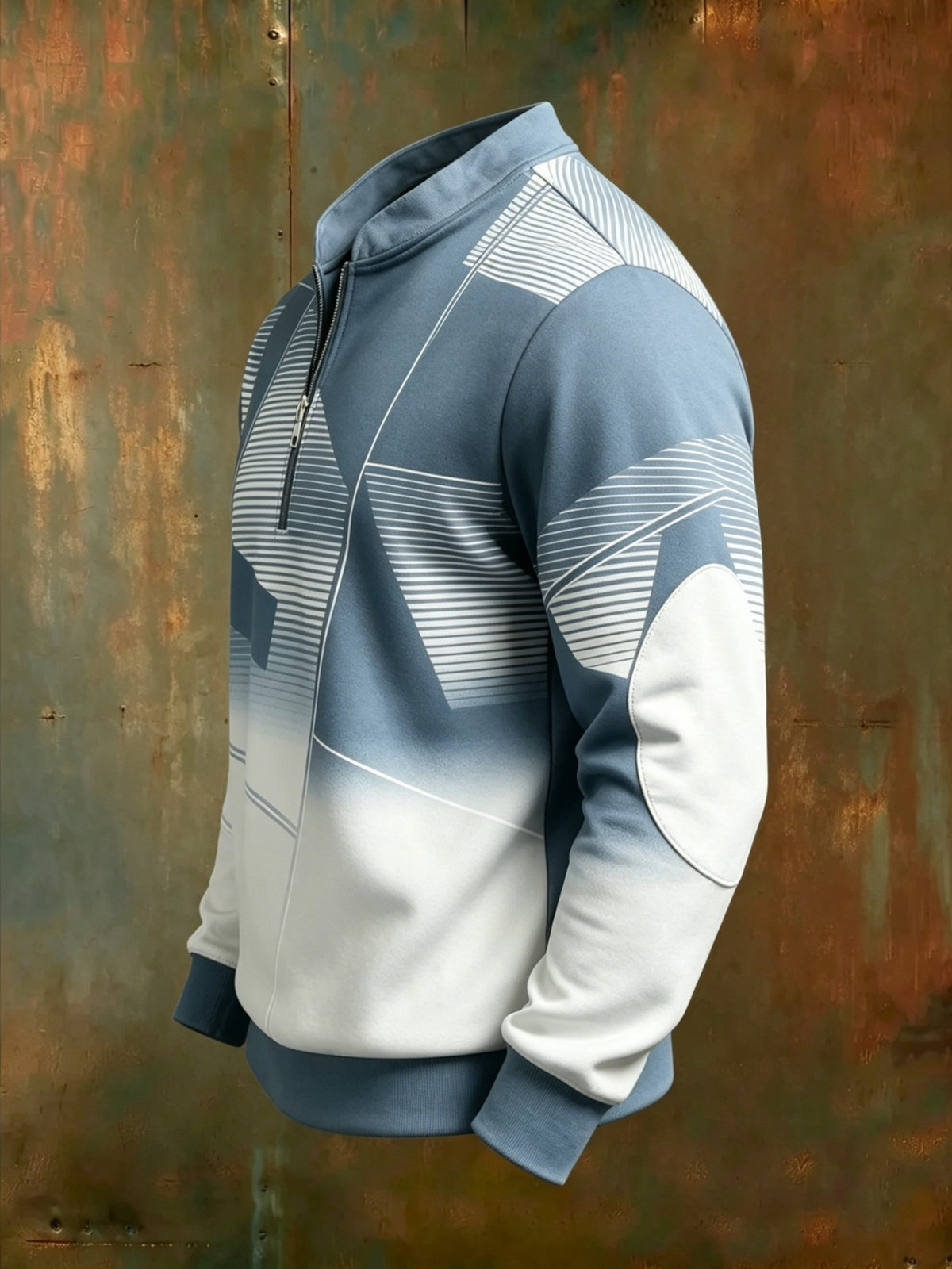 [Print Design - Not Textured] Men'S Blue White Gradient Striped Print Half-Zip Sweatshirt, Fashionable Long-Sleeve Pullover, Suitable for Casual Wear, Outdoor Activities, And Street Style - Mixed colors