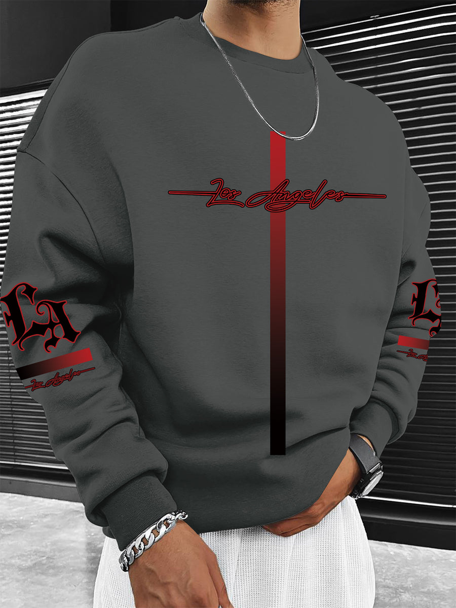 European and American Style Minimalist Round Neck Sweatshirt for Adult Men, "Los Angeles Regional Logo + Vintage Font Gradient Visual" - Grey