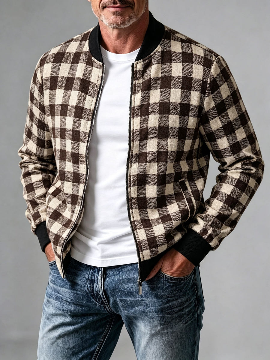Men's Vintage Waffle Check Baseball Jacket with Zipper Front & Collar - Multi-Color Plaid Cardigan Coat (Black/White/Red/Brown/Green), Machine Washable Suitable for Commuting, Casual Streetwear Outerwear, Spring/Autumn Daily Jacket - Khaki Brown
