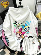 [Warner Bros] Officially Licensed Cute Powerpuff Heart Pattern Print Hoodie - Men'S Fashion Sweatshirt, Adjustable Drawstring Loose Comfortable Hoodie, Suitable for Daily And Outdoor Wear, Perfect Choice for Warmth in Autumn And Winter! Unisex - White