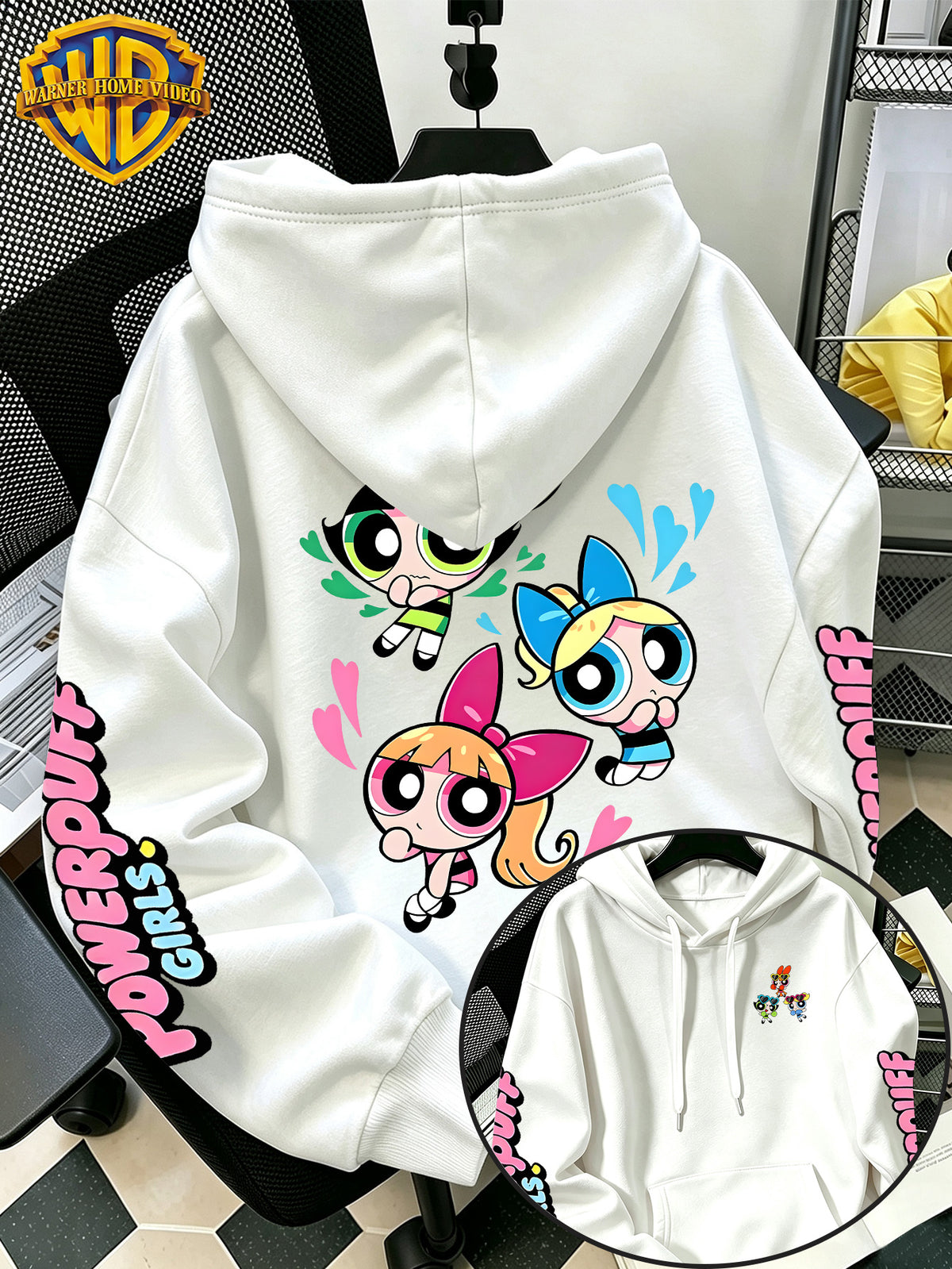 [Warner Bros] Officially Licensed Cute Powerpuff Heart Pattern Print Hoodie - Men'S Fashion Sweatshirt, Adjustable Drawstring Loose Comfortable Hoodie, Suitable for Daily And Outdoor Wear, Perfect Choice for Warmth in Autumn And Winter! Unisex - White