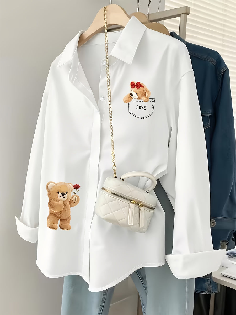 Gentle Girly Style Shirt with Pocket, Bow, Little Bear, and Rose Print, Long Sleeve Loose Fit Daily Commute Age-Reducing Cardigan Top - White