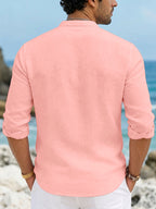 Men'S Casual Faux Linen Stand-Collar Long Sleeve Shirt, Breathable And Sweat-Absorbing Comfortable Fabric Blouse, Suitable for Outings, Parties, Beach Vacations, And Daily Wear, Machine Washable Regular Fit, Sweat-Resistant - Light Pink Color