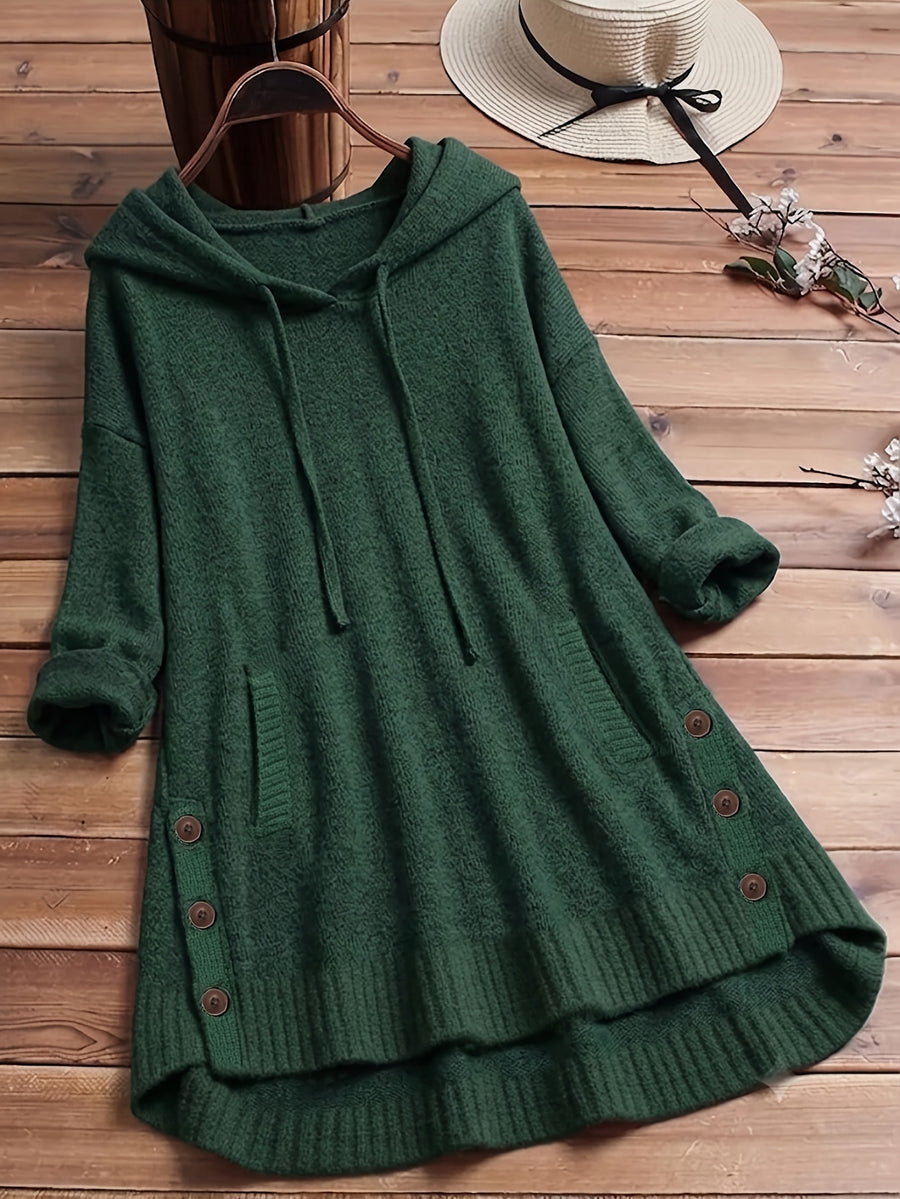 Women'S Elegant Casual Cute Sexy Middle Eastern Style Spring Autumn Solid Color Hooded Long Sleeve Slit Button Front Short Back Long Comfortable Loose Soft Warm Knit Pullover Sweater Top - Green