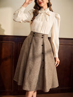 Vintage Elegant Women's A-Line Skirt, Loose Brown with Pockets, Double-Breasted, Casual Office Holiday Puff Skirt, Autumn Women's Clothing, Business Casual, Winter Women's Clothing, Autumn Skirt, Office Attire, Women's Autumn/Winter Wear, Country - Khaki