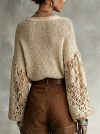 Women's V-Neck Lace Sleeve Sweater, Soft Fabric, Versatile Pullover for Daily Commuting - Apricot
