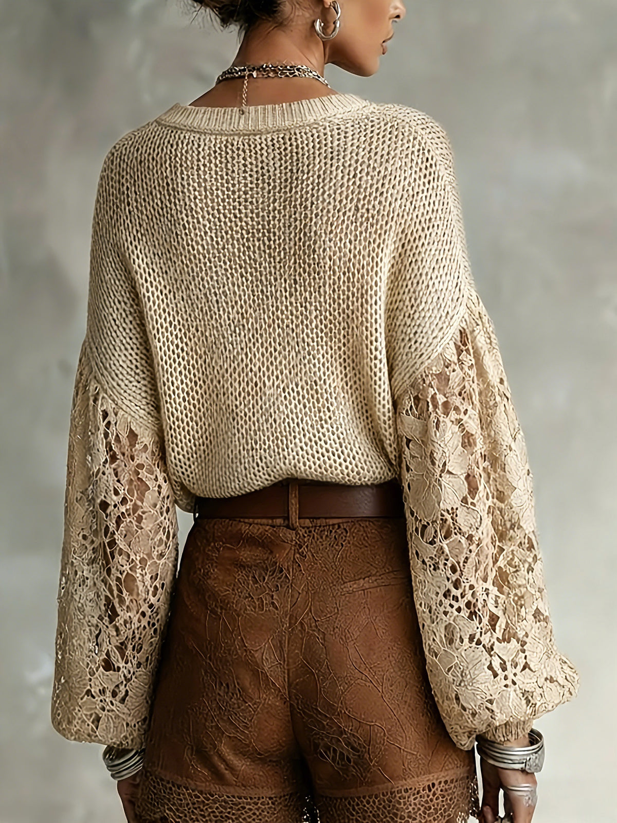 Women's V-Neck Lace Sleeve Sweater, Soft Fabric, Versatile Pullover for Daily Commuting - Apricot