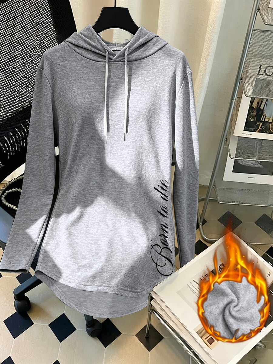 Mid-Length Hooded Sweatshirt for Women, Loose Hip-Covering Letter Print Drawstring Pullover Top - Light Grey
