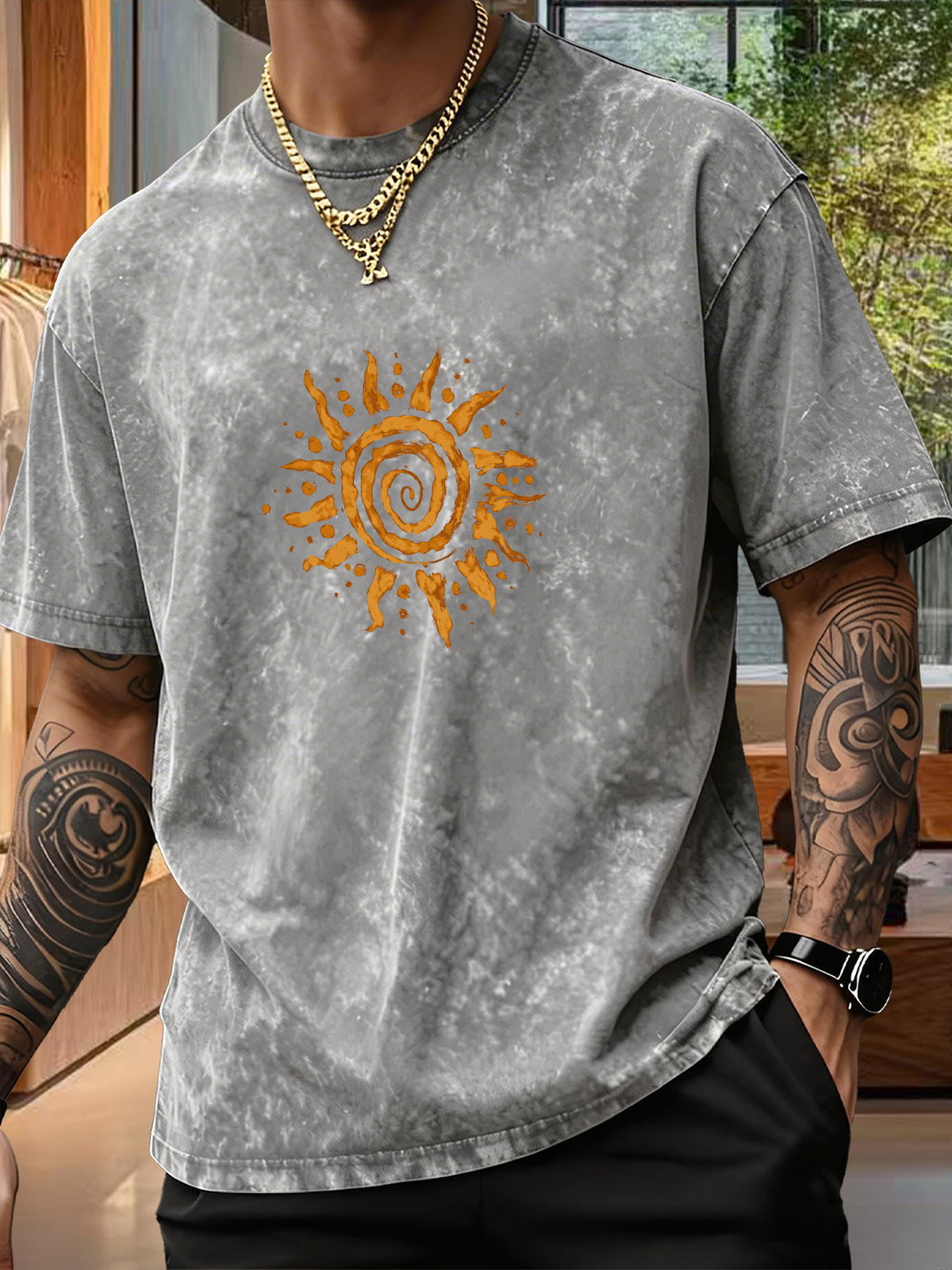 Men's Short-Sleeve T-Shirt, Pure Loose Fit Top, Trendy Reversible Double-Sided Swirl Sun Print, 12 Colors for  Mix & Match, Washed Distressed American Street Style, Versatile for Daily Outings, Streetwear, Sports, Fitness, and Commuting - Grey