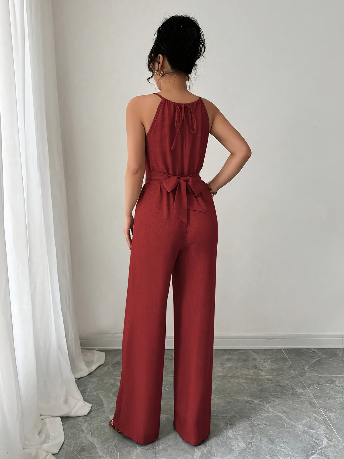Women's Spring/Summer Casual Pleated Strappy Twist-Waist Maxi Jumpsuit - Red