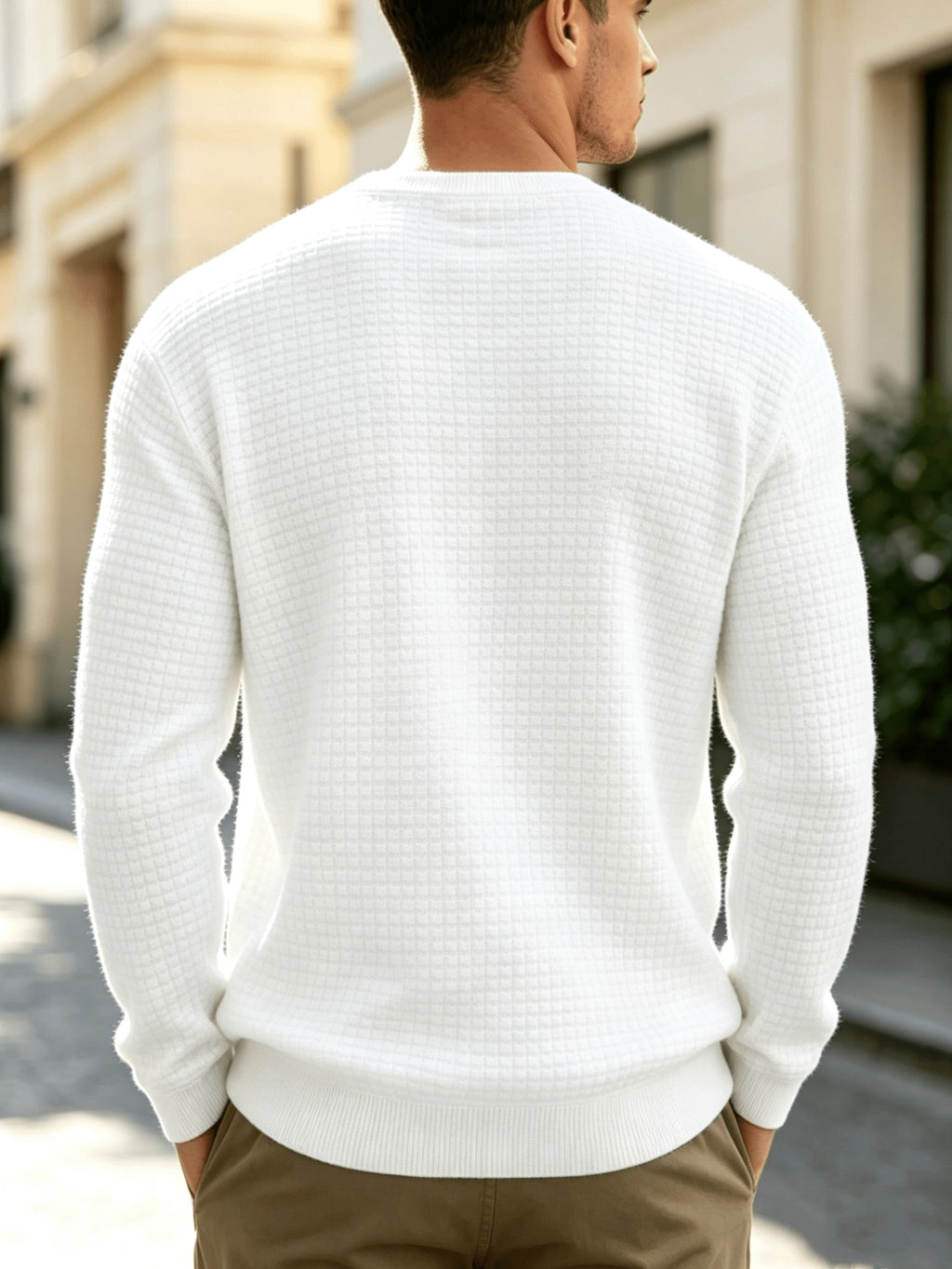 Men'S Knit Round Neck Solid Small Checkered Pullover Sweatshirt, Casual Easy Fashion Trendy Square Premium Men'S Clothing - White