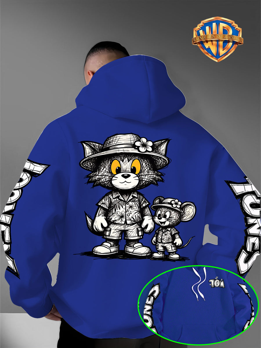 Men's Warner Bros. Vacation Hand-Drawn Sketch Print Hooded Sweatshirt, a Loose and Casual Hoodie Suitable for Animation IP Enthusiasts, Daily Commutes to School, Streetwear, and  Outfits for Couples and Best Friends - Blue