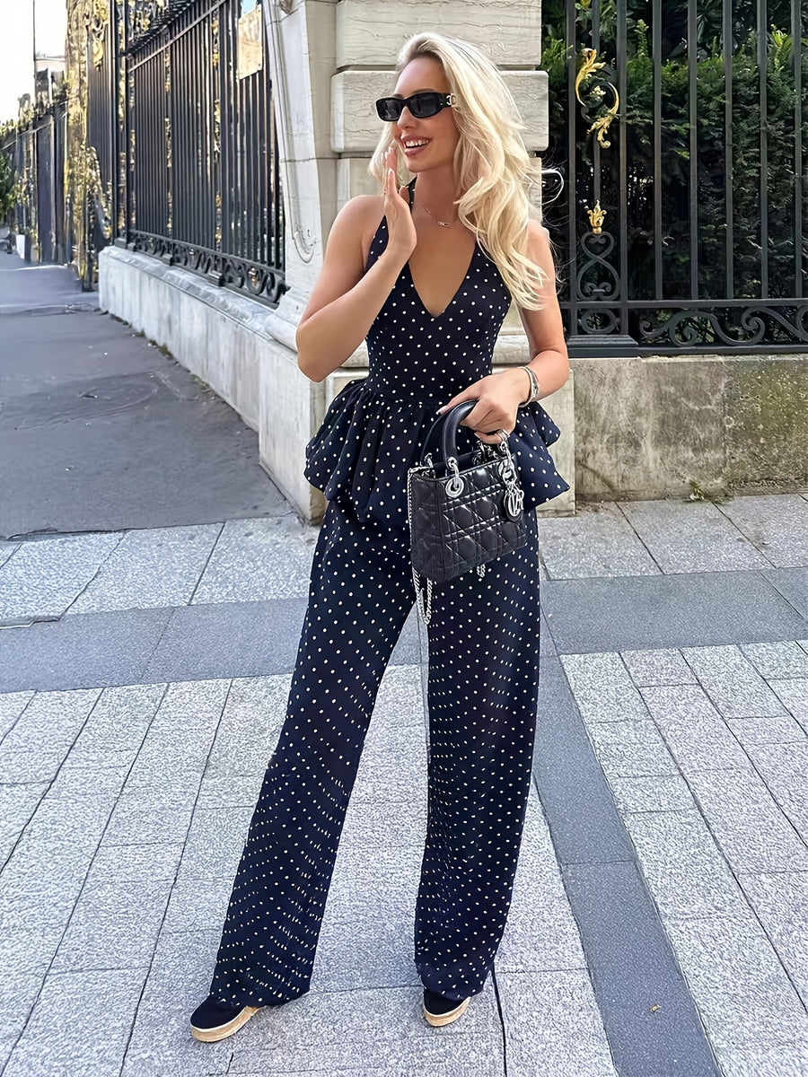 Elegant French Polka Dot V-Neck Ruffled Hem Top And Pocket Long Pants 2pcs Set, Vacation, Commute, Party, Back to - Mixed colors
