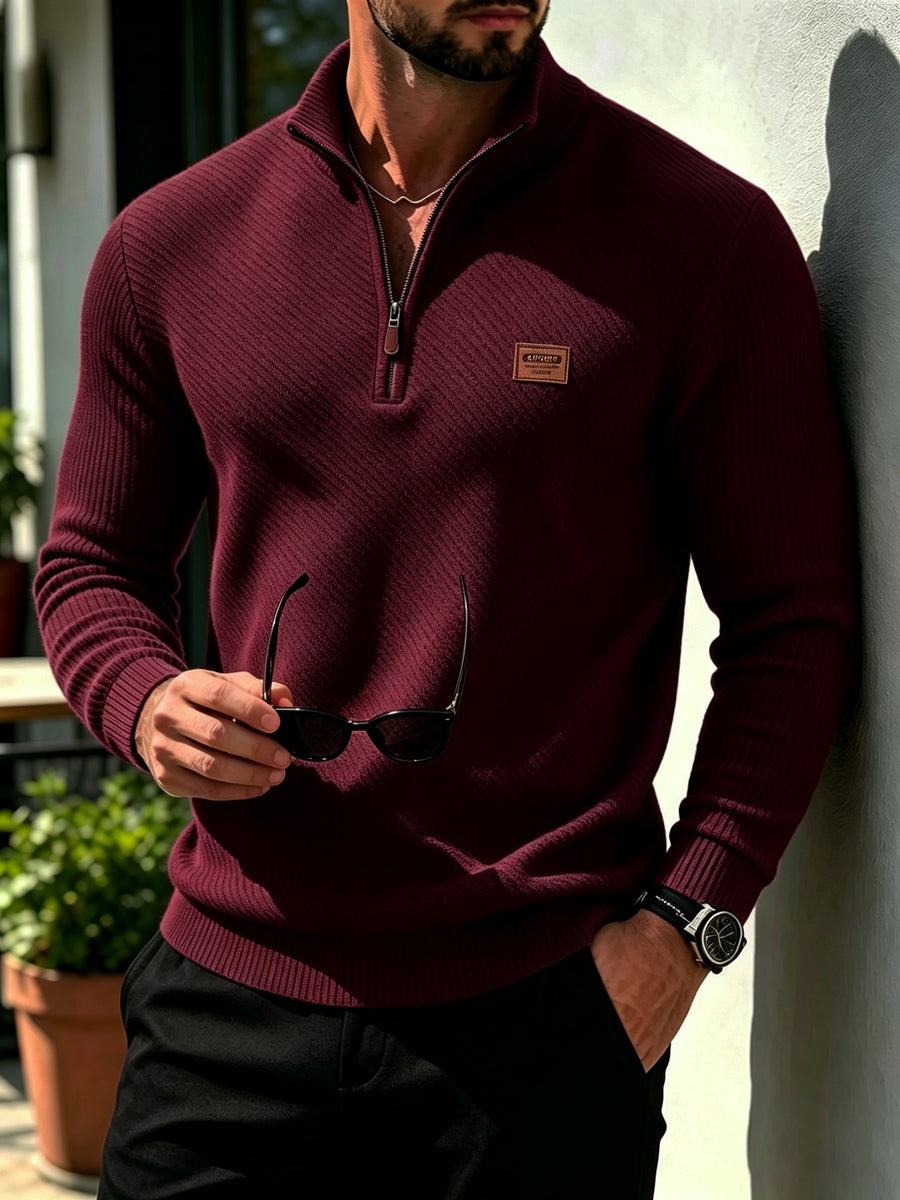 [Saa Xing OBM] Men'S Fashionable All-Match Top, Checkered Texture Half-Zip Stand Collar Long Sleeve Shirt, Casual Pullover Sweatshirt Knitwear, Knit Solid Color Long Sleeve Daily Casual, Sports Fitness Fashion All-Match - Burgundy