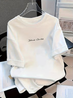 Niche Cute Letter Print Short Sleeve T-Shirt, Casual Short Sleeve - Fabric, Perfect Summer Choice Comfortable Women'S Fashion - Soft And Breathable, Daily Casual Wear - White