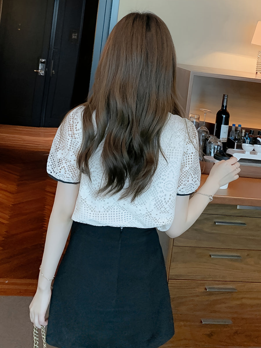 Unique French Chic Beautiful Airy Loose Hollow-Out Polo Collar Lace Blouse Short Sleeve Top Women'S Summer Premium Feel - Apricot