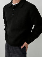 Men's POLO Collar Sweater for Autumn/Winter, Lazy-Style High-End Winter Pullover, Inner Layer Base Top, Lapel Knit Outerwear, Thick Jacket - Black